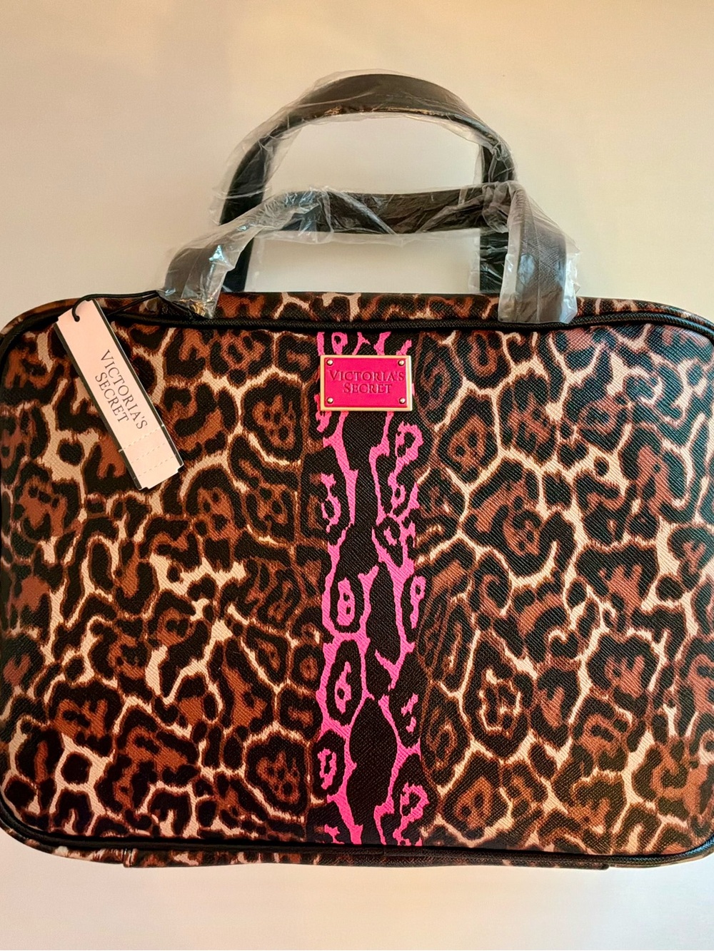 Victoria's Secret Leopard Print Cosmetic Case with Pink Stripe